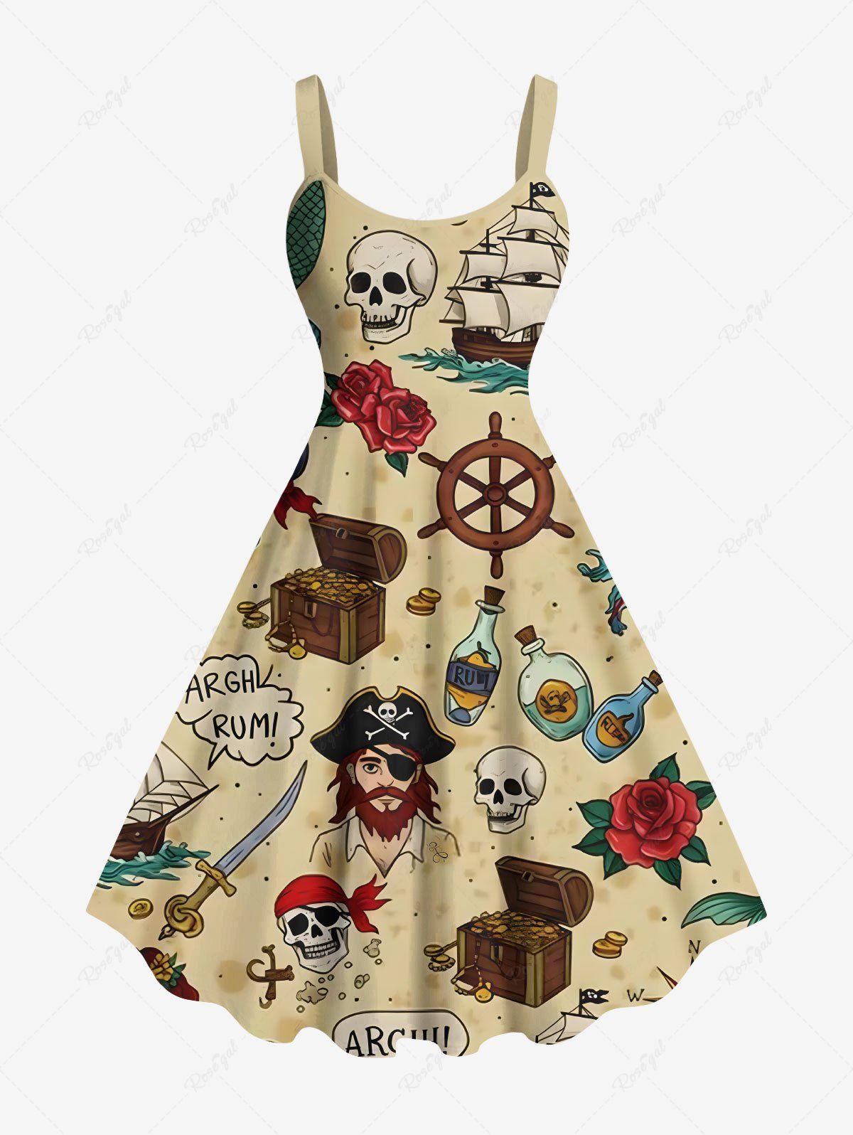 Outfit Plus Size Skull Pirate Rose Flower Ship Rudder Mermaid Cruise Print Hawaii Tank Dress  