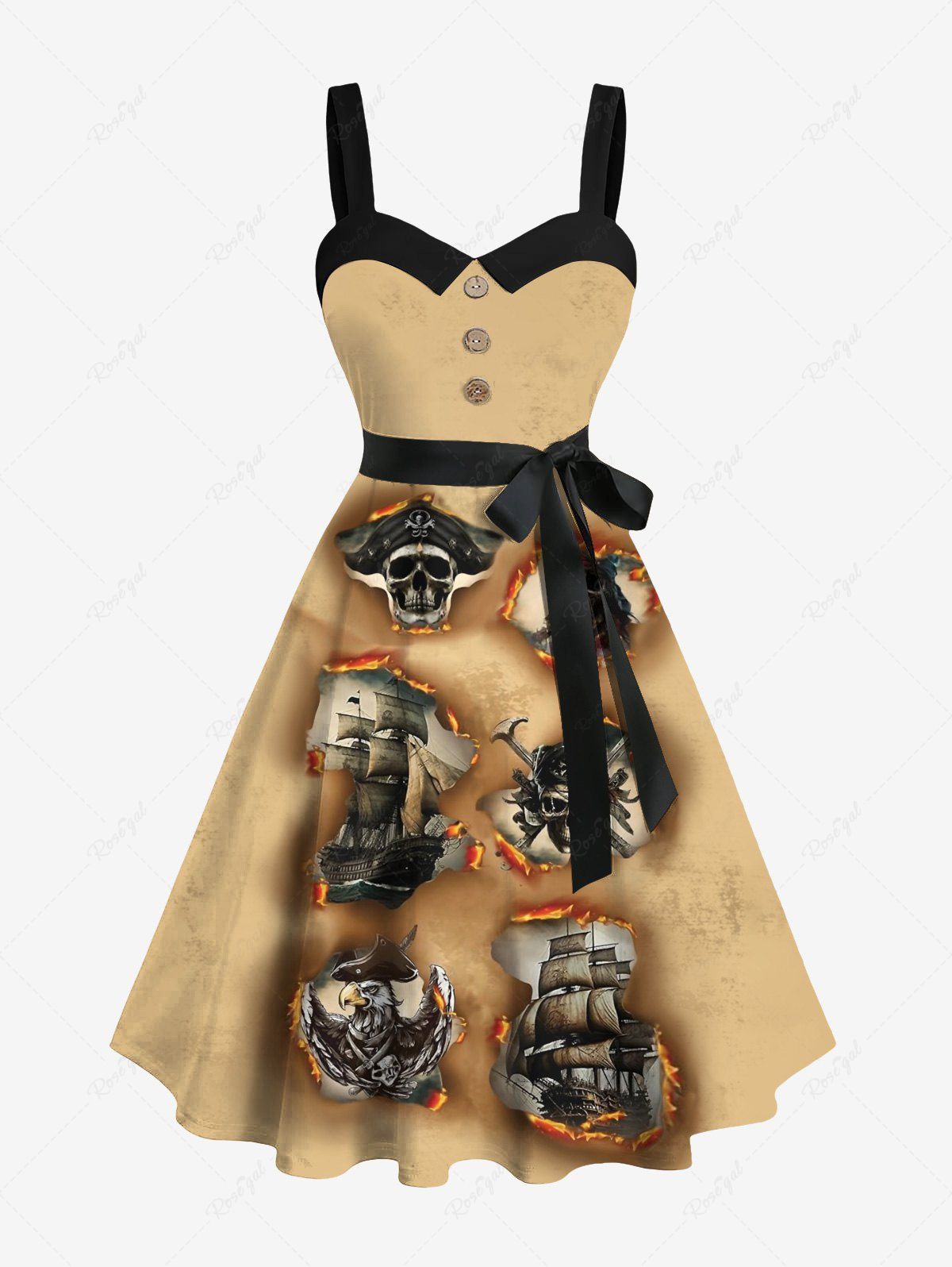 Fashion Plus Size Skull Pirate Ship Eagle Fire Flame Ripped 3D Print Buttons Turn Down Collar Hawaii Dress With Belt  