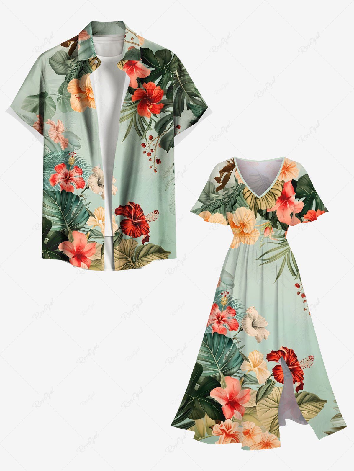 Outfits Tropical Leaf Hibiscus Flowers Print Plus Size Matching Hawaii Beach Outfit For Couples  