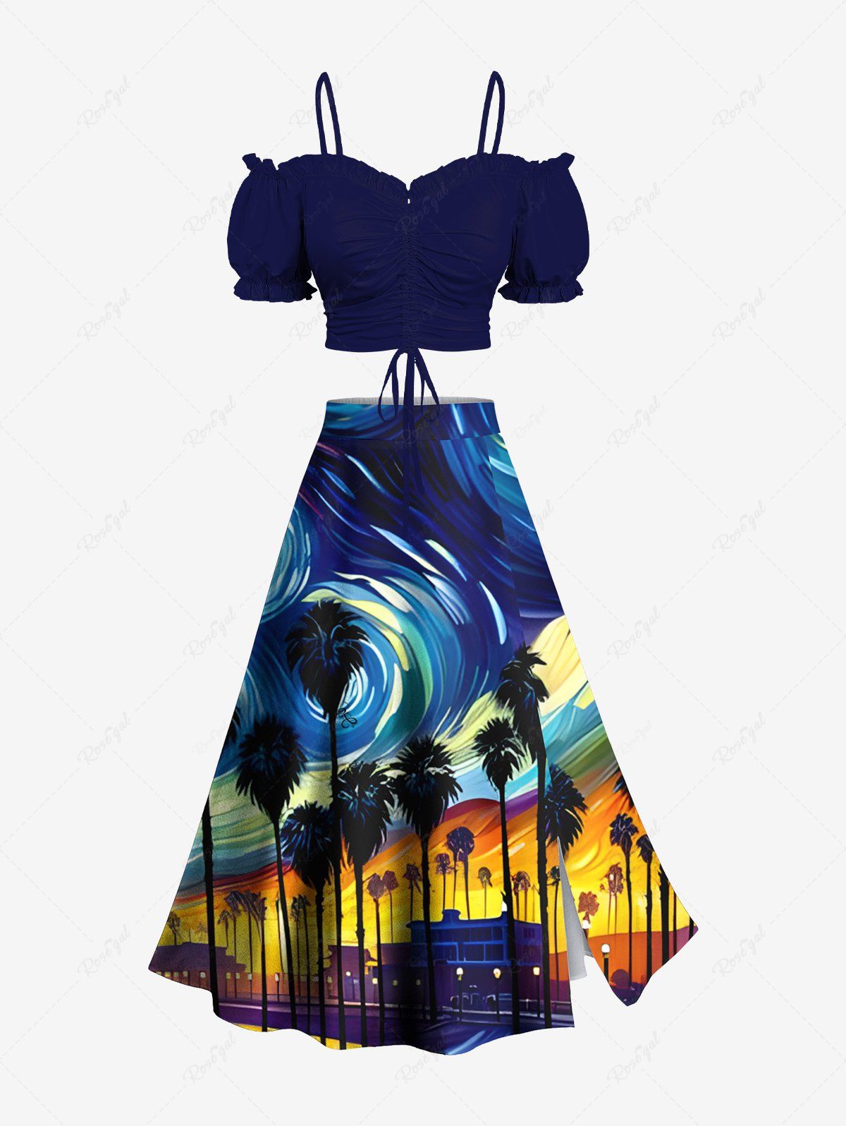 Fancy Solid Cinched Top and Spiral Painting Coconut Tree Night View Print Hawaii Split A Line Skirt Plus Size Matching Set  