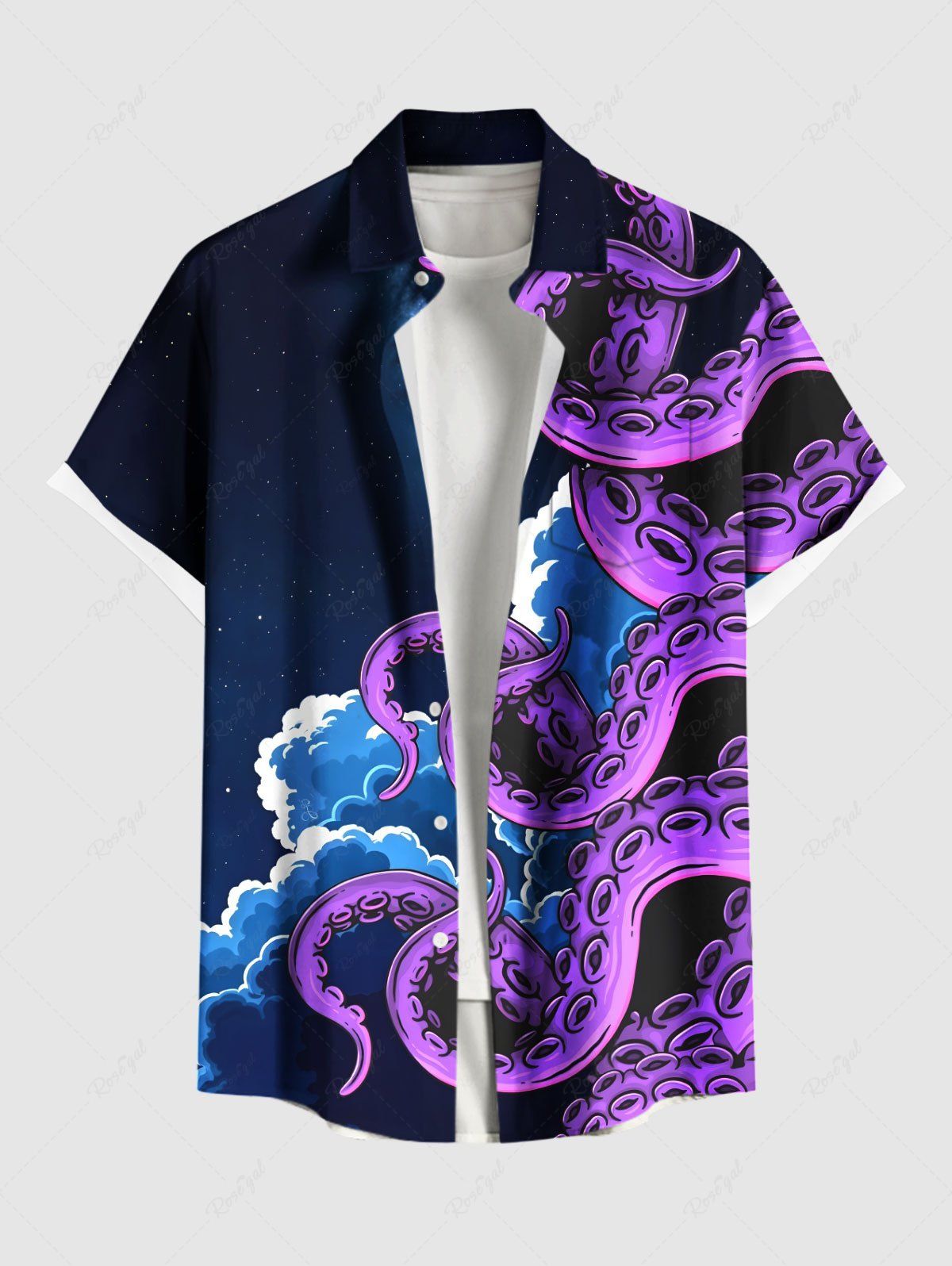 Chemise hawaïenne grande taille à imprimé poulpe et nuages pour homme Noir L