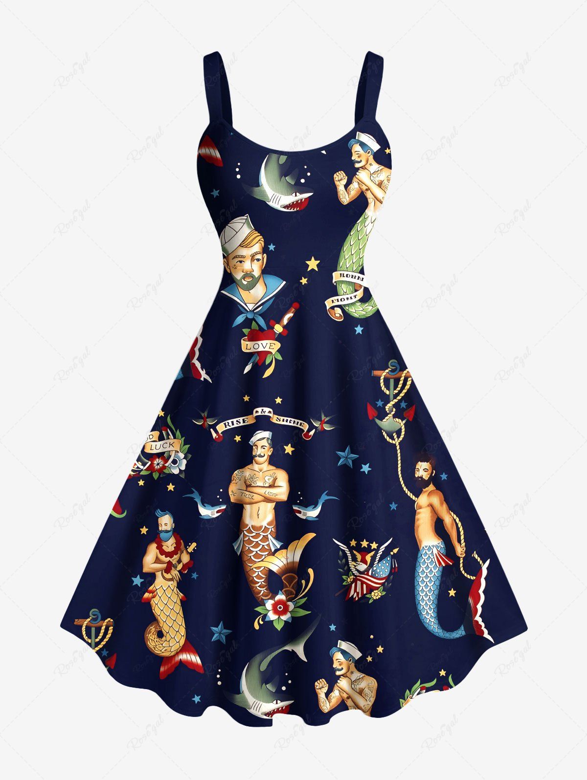 Cheap Plus Size Sailor Mermaid Patriotic American Flag Anchor Shark Print Hawaii Cruise A Line Tank Dress  