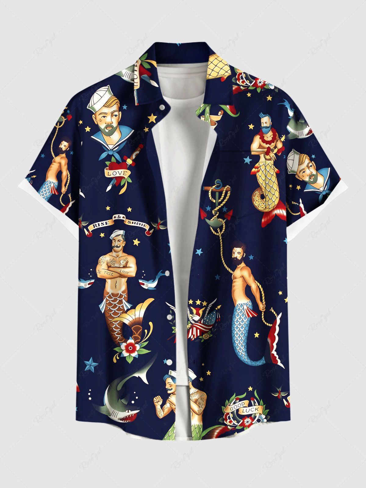 Latest Plus Size Sailor Mermaid Patriotic American Flag Anchor Shark Print Hawaii Cruise Shirt For Men  