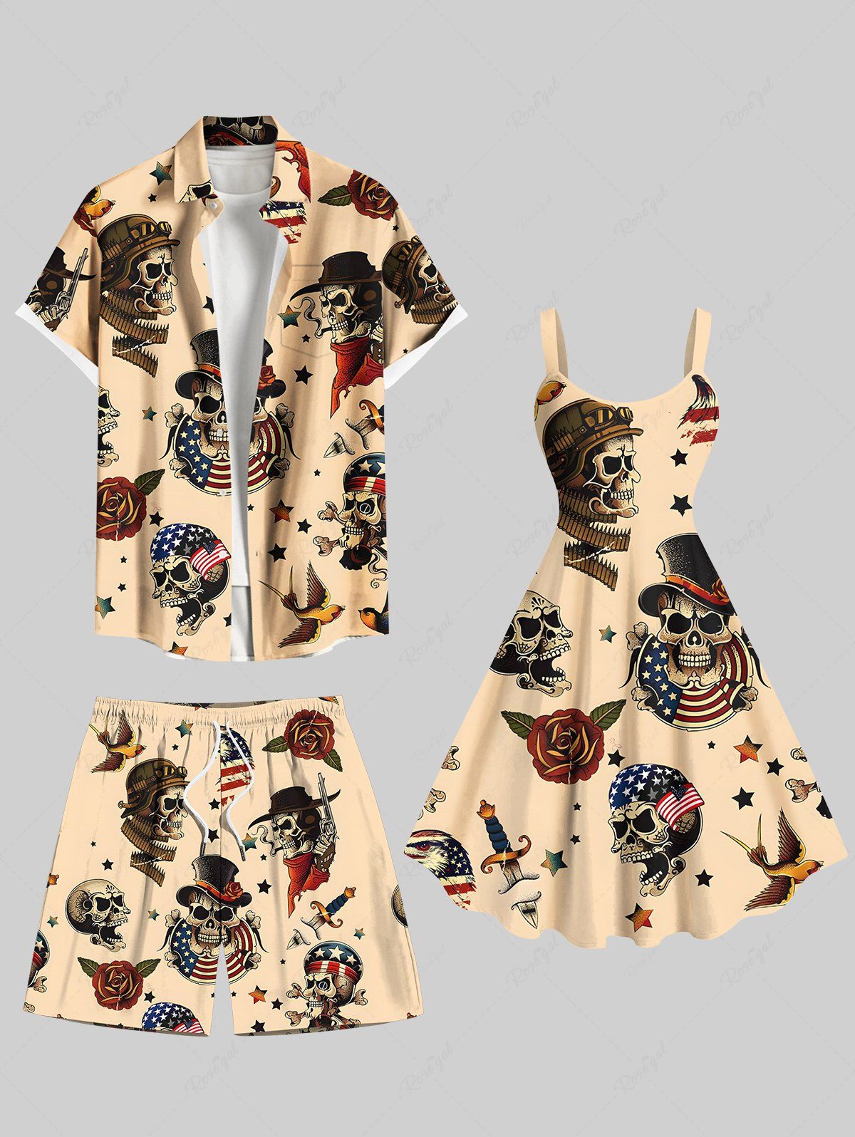 Outfit Skull Pirate Patriotic American Flag Rose Flower Eagle Print Plus Size Matching Outfit For Couples  