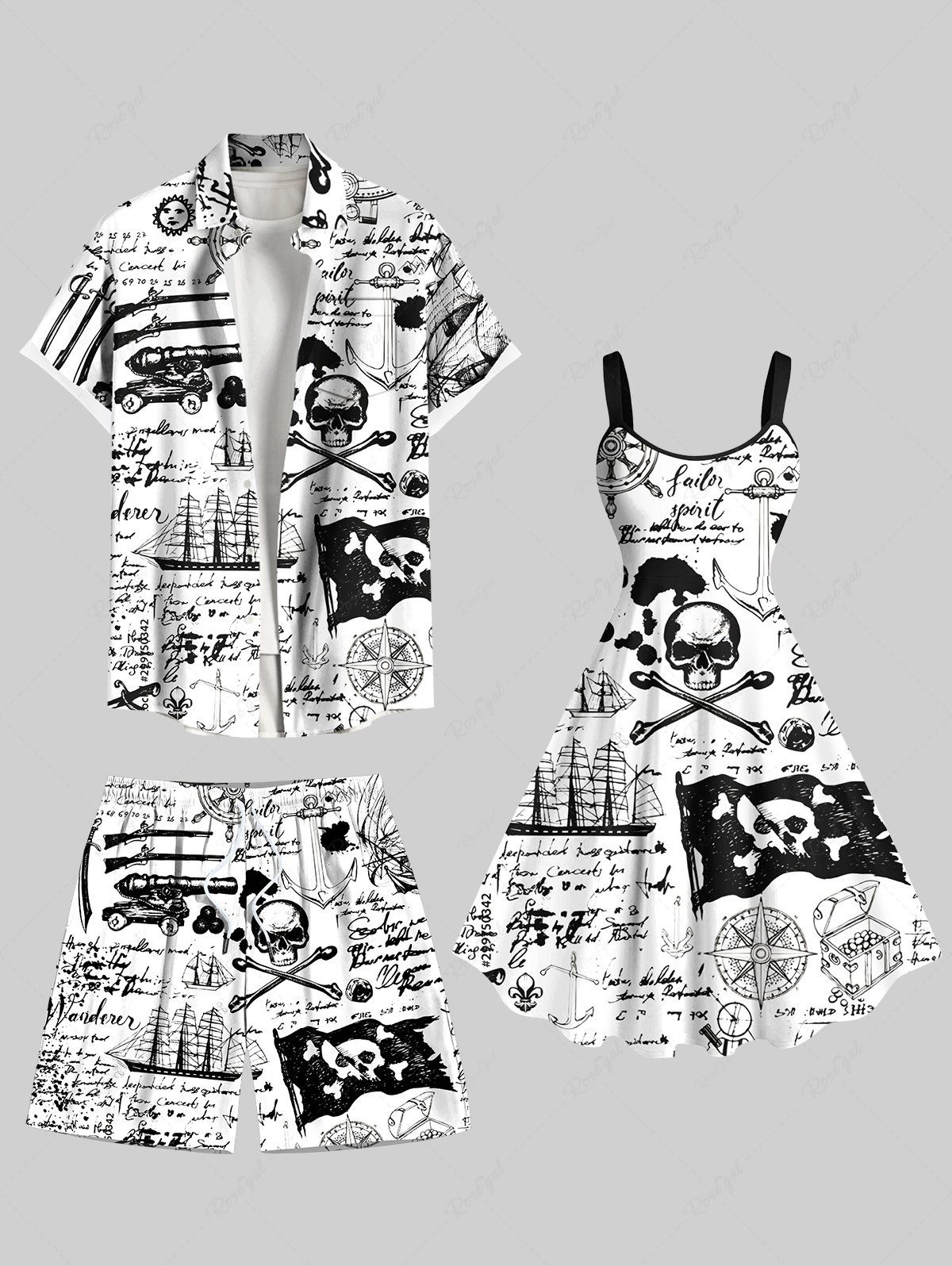 Latest Ink Painting Skull Compass Rudder Letter Sailboat Cruise Print Plus Size Matching Hawaii Cruise Beach Outfit For Couples  
