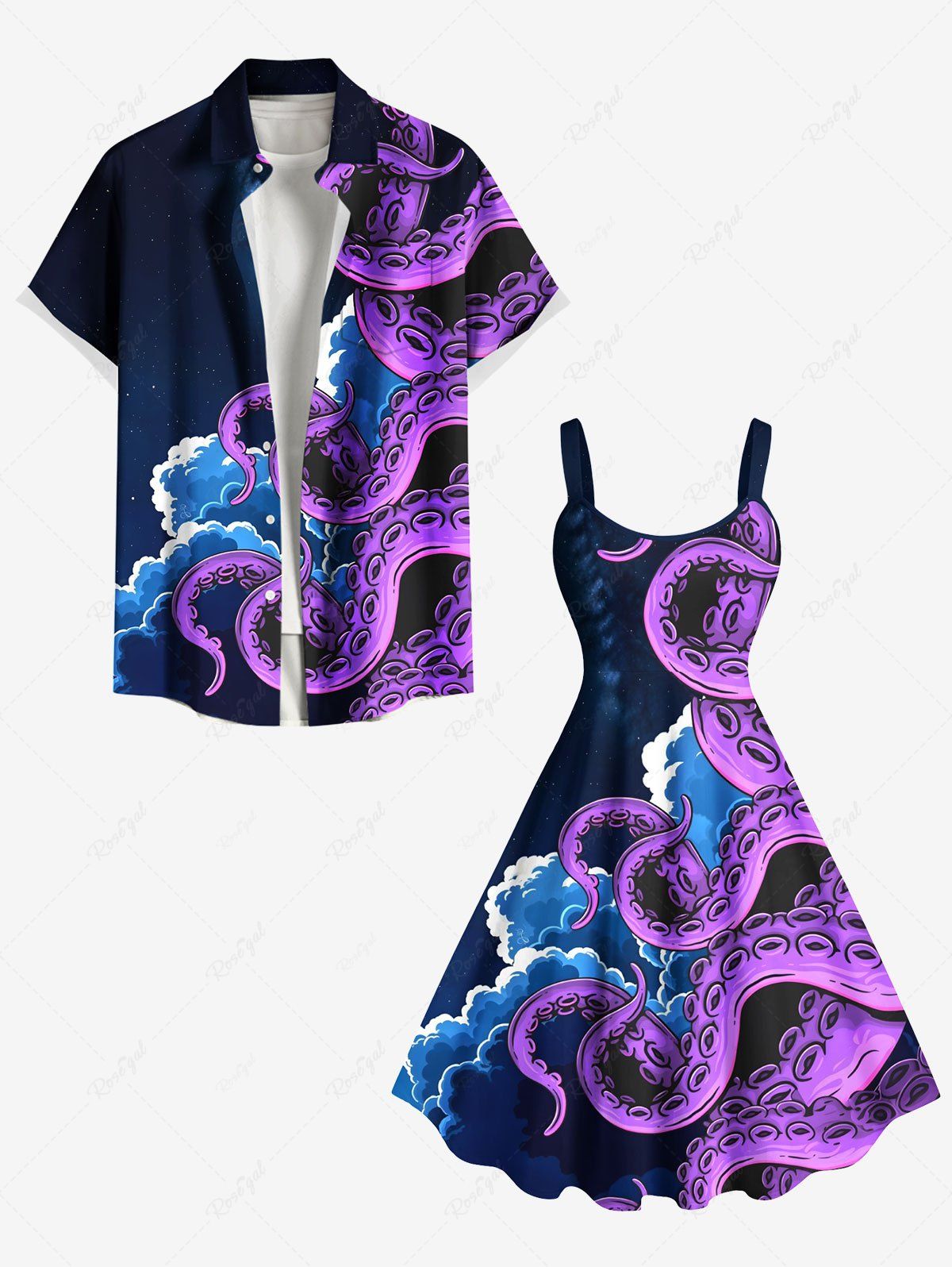 Affordable Octopus Cloud Print Plus Size Matching Hawaii Beach Outfit For Couples  