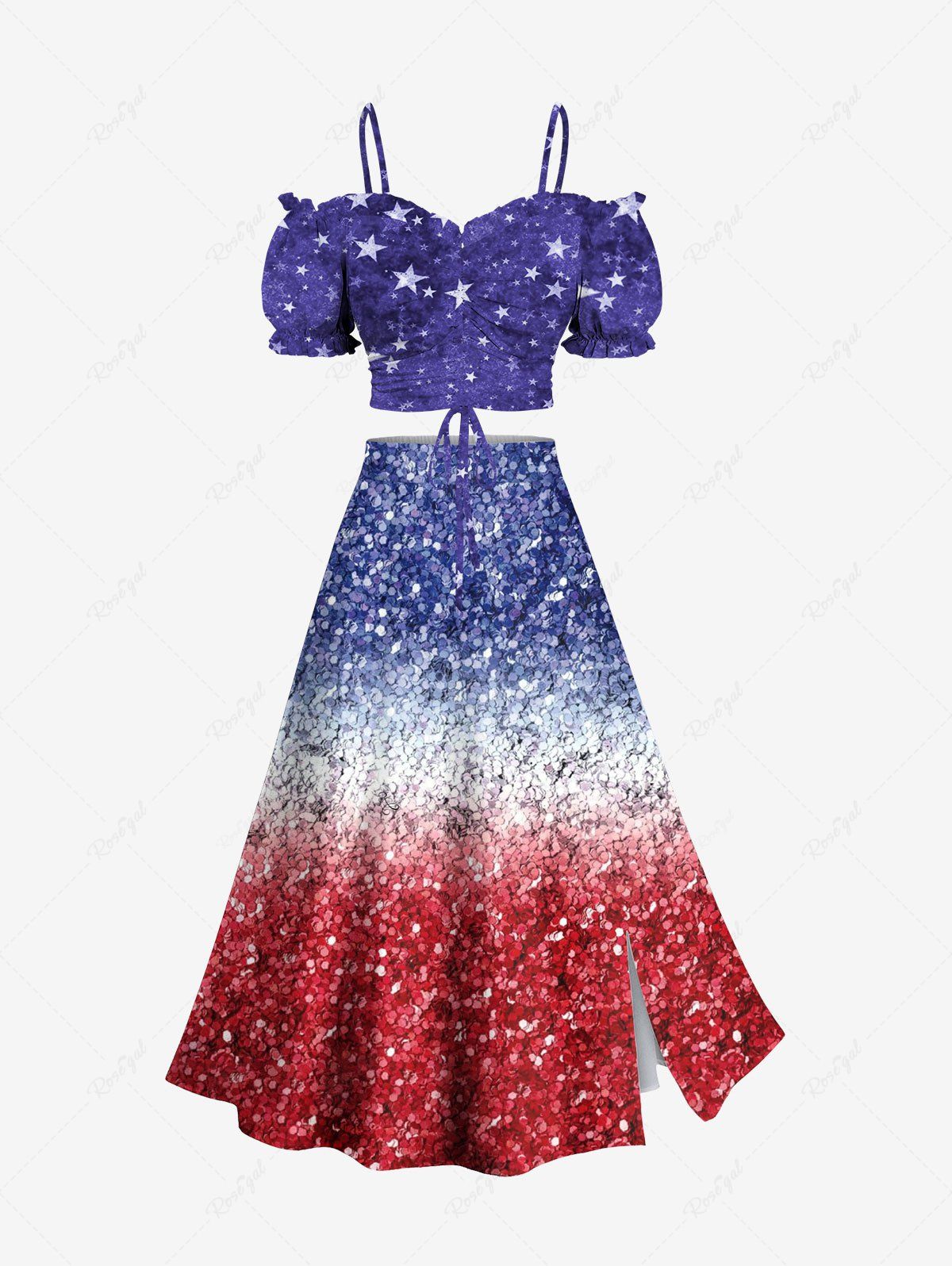 Store Patriotic American Flag Sparkling Sequin 3D Print Plus Size Matching Set  