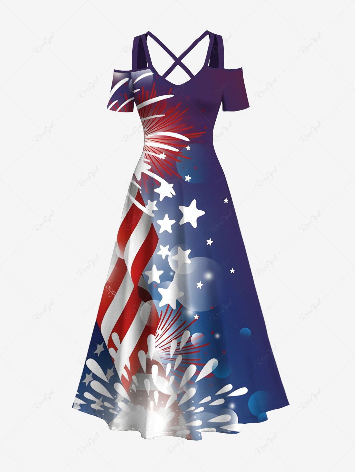 Online Plus Size Patriotic American Flag Fireworks Print Hawaii Ombre Cold Shoulder Crisscross A Line Maxi Dress  