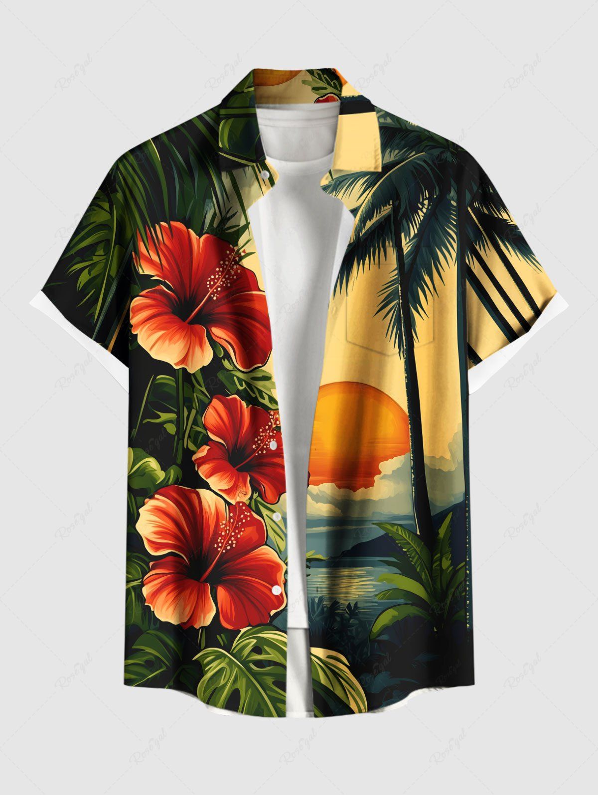Chemise hawaïenne grande taille à imprimé floral, cocotier, soleil, feuilles tropicales, hibiscus, avec poches boutonnées, pour homme Jaune XL