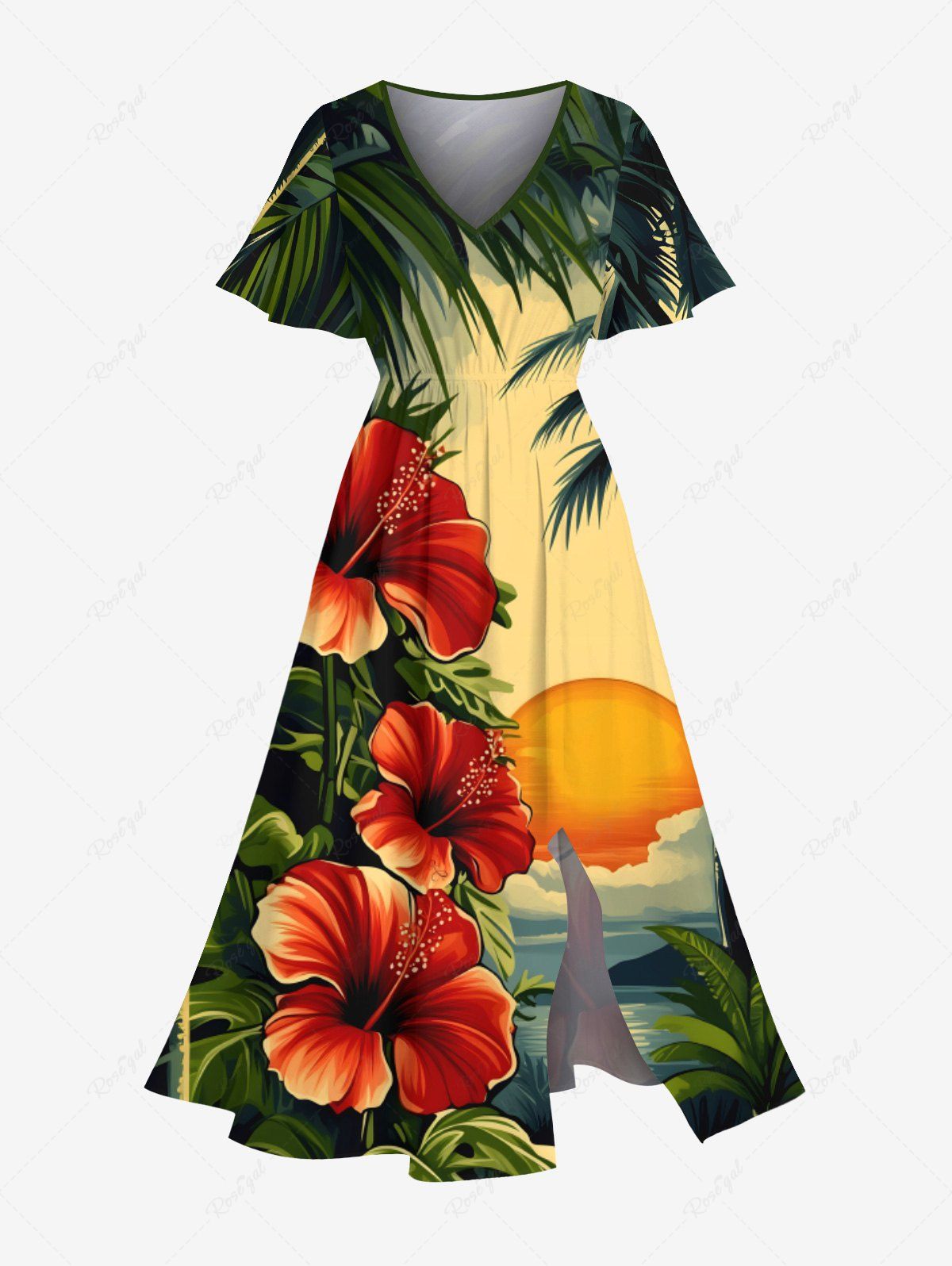 Robe mi-longue grande taille à imprimé cocotier, soleil, feuilles tropicales, hibiscus, fleurs, Hawaï, poches fendues, coupe trapèze Jaune XXS
