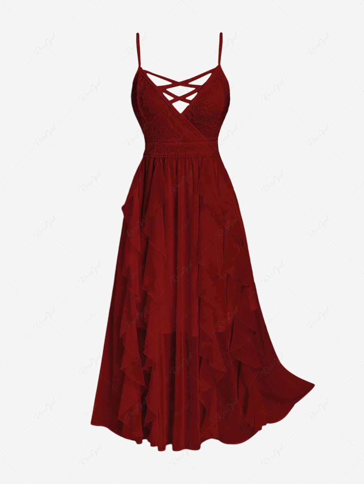 Online Plus Size Lace and Chiffon Ruffled Crisscross Maxi Sleeveless Wedding Dress  