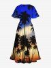 Tenue de plage hawaïenne assortie grande taille à imprimé cocotier et crépuscule pour couples - Bleu 