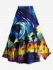 Solid Cinched Top and Spiral Painting Coconut Tree Night View Print Hawaii Split A Line Skirt Plus Size Matching Set -  