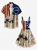 Patriotic American Flag Coconut Tree Distressed Newspaper Print Plus Size Matching Hawaii Beach Outfit For Couples -  