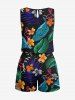 Plus Size Flower Flamingo Tropical Leaf Print Hawaii Drawstring Pocket Romper -  