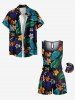 Plus Size Flower Flamingo Tropical Leaf Print Hawaii Drawstring Pocket Romper -  