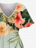 Plus Size Tropical Leaf Hibiscus Flowers Print Split Hawaii Midi Dress -  