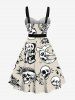 Plus Size Skulls Rose Flower Moon Diamond Print Buttons Turn Down Collar Hawaii Dress With Belt -  