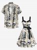 Robe hawaïenne grande taille à imprimé tête de mort, rose, fleur, lune, diamant, boutons, col rabattu, avec ceinture - Beige 5X