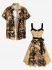 Robe hawaïenne grande taille avec imprimé 3D, col rabattu et ceinture, motif crâne, bateau pirate, aigle, feu, flammes, déchirée - café 3X