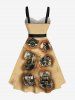 Plus Size Skull Pirate Ship Eagle Fire Flame Ripped 3D Print Buttons Turn Down Collar Hawaii Dress With Belt -  
