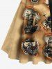 Plus Size Skull Pirate Ship Eagle Fire Flame Ripped 3D Print Buttons Turn Down Collar Hawaii Dress With Belt -  
