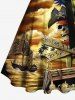 Plus Size Skull Pirate Parrot Sailboat Sea Treasure Print Hawaii Cruise Button A Line Dress with Removable Belt -  