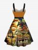 Plus Size Skull Pirate Parrot Sailboat Sea Treasure Print Hawaii Cruise Button A Line Dress with Removable Belt -  