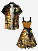 Plus Size Skull Pirate Parrot Sailboat Sea Treasure Print Hawaii Cruise Button A Line Dress with Removable Belt -  