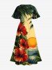 Plus Size Coconut Tree Sun Tropical Leaf Hibiscus Flower Print Hawaii Split Pocket A Line Midi Dress -  