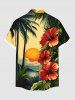 Plus Size Coconut Tree Sun Tropical Leaf Hibiscus Flower Print Hawaii Button Pocket Shirt For Men -  
