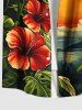 Plus Size Coconut Tree Sun Tropical Leaf Hibiscus Flower Print Hawaii Button Pocket Shirt For Men -  