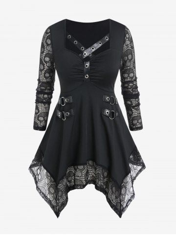 Skull Lace Panel Handkerchief Gothic Tee - BLACK - 4X | US 26-28