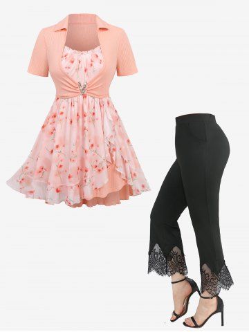 Flower Print Textured Tulip Hem Asymmetrical 2 In 1 Blouse and Scalloped Tassel Flare Pants Plus Size Outfit - LIGHT ORANGE