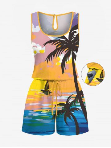Plus Size Coconut Tree Sun Cloud Seascape Print Cinched Hawaii Romper - YELLOW - 4X