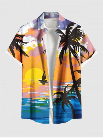 Plus Size Coconut Tree Seascape Sun Cloud Print Buttons Pocket Hawaii Shirt For Men - YELLOW - 4XL