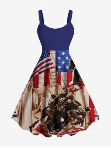 Plus Size Patriotic American Flag Stone Statue Print Tank Dress