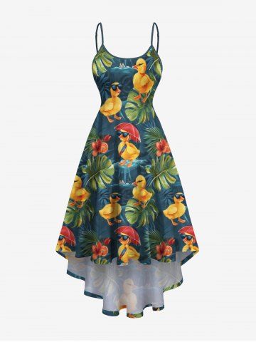 Plus Size Ducks Tropical Leaf Hibiscus Flowers Print High Low Hawaii Cami Dress - GREEN - 4X