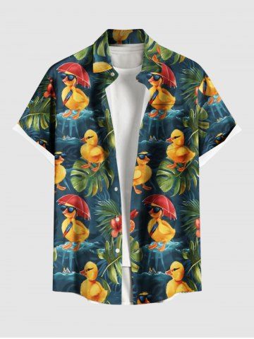 Plus Size Ducks Tropical Leaf Hibiscus Flowers Print Buttons Pocket Hawaii Shirt For Men - GREEN - 4XL