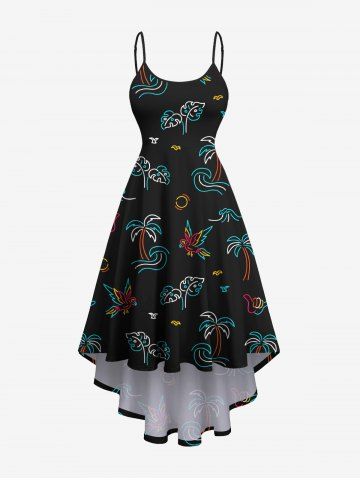 Plus Size Coconut Tree Tropical Leaf Bird Print High Low Hawaii Cami Dress - BLACK - 6X