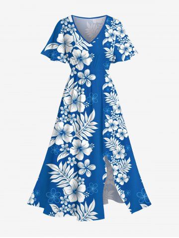 Plus Size Tropical Hibiscus Flower Leaf Print Split Hawaii Midi Dress - BLUE - 5X