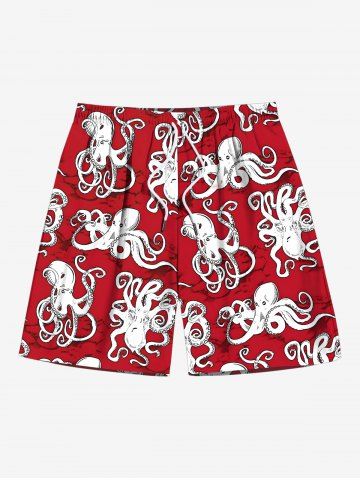Plus Size Octopus Print Hawaii Drawstring Beach Shorts For Men - RED - 8XL