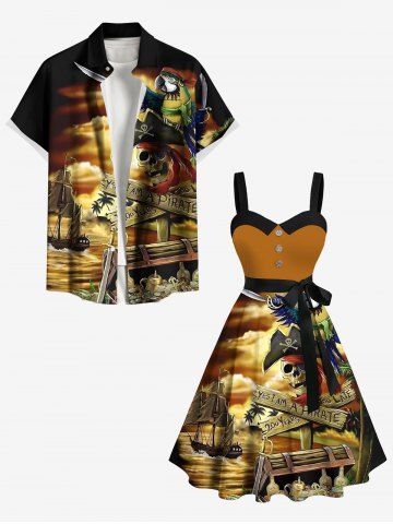 Skull Pirate Parrot Sailboat Sea Treasure Print Plus Size Matching Hawaii Beach Outfit For Couples - COFFEE