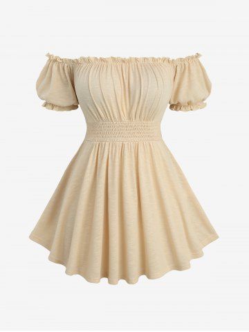 Plus Size Cold Shoulder Puff Sleeve Ruched Bust Elastic Waist Top with Removable Shoulder Strap - BEIGE - 2X | US 18-20