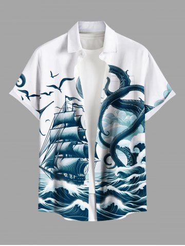 Plus Size Octopus Sailboat Sea Waves Bird Print Hawaii Cruise Button Pocket Shirt For Men - WHITE - S