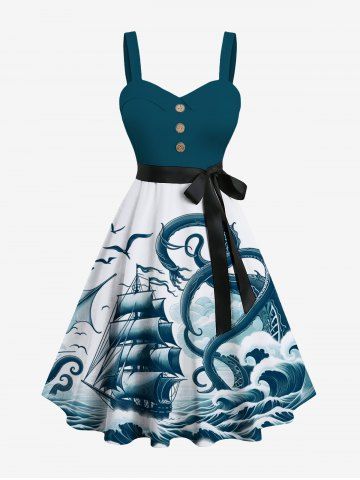 Plus Size Octopus Sailboat Sea Waves Bird Print Hawaii Cruise Button A Line Dress with Removable Belt