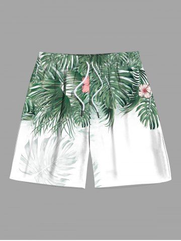Plus Size Tropical Leaf Hibiscus Flower Print Hawaii Brach Shorts For Men - GREEN - 8XL