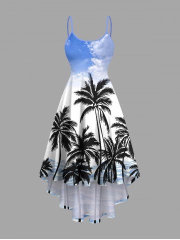 Plus Size Coconut Tree Sea Waves Cloud Print High Low Hawaii Cami Dress - SKY BLUE - L