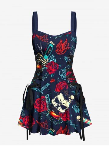 Skull Rose Flower Heart Diamond Print Lace Up A Line Tank Dress - DEEP BLUE - XS