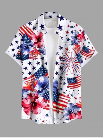 Chemise grande taille à imprimé floral hawaïen, motif drapeau américain, feux d'artifice, hibiscus, poches boutonnées pour homme